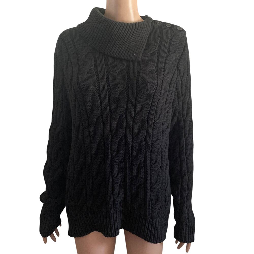 Lauren Ralph Lauren Cable Knit Sweater Womens 1X Black Button TurtleNeck
